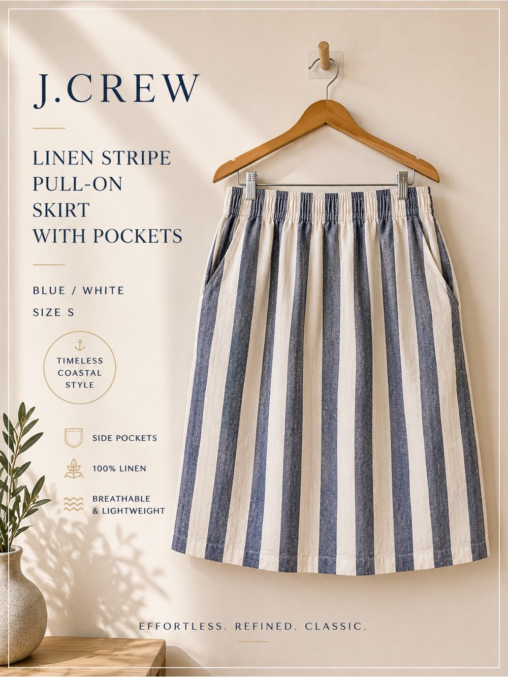 J.Crew 100% Linen Stripe Pull-On Skirt Blue White Size S